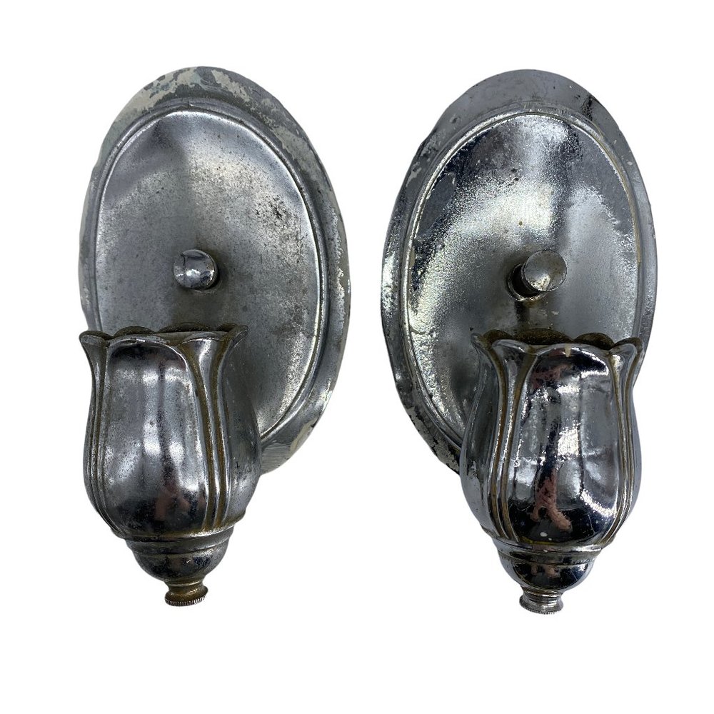 Pair LIGHTOLIER Light Sconce Silver Oval Tulip Pull Chain Vintage To Restore